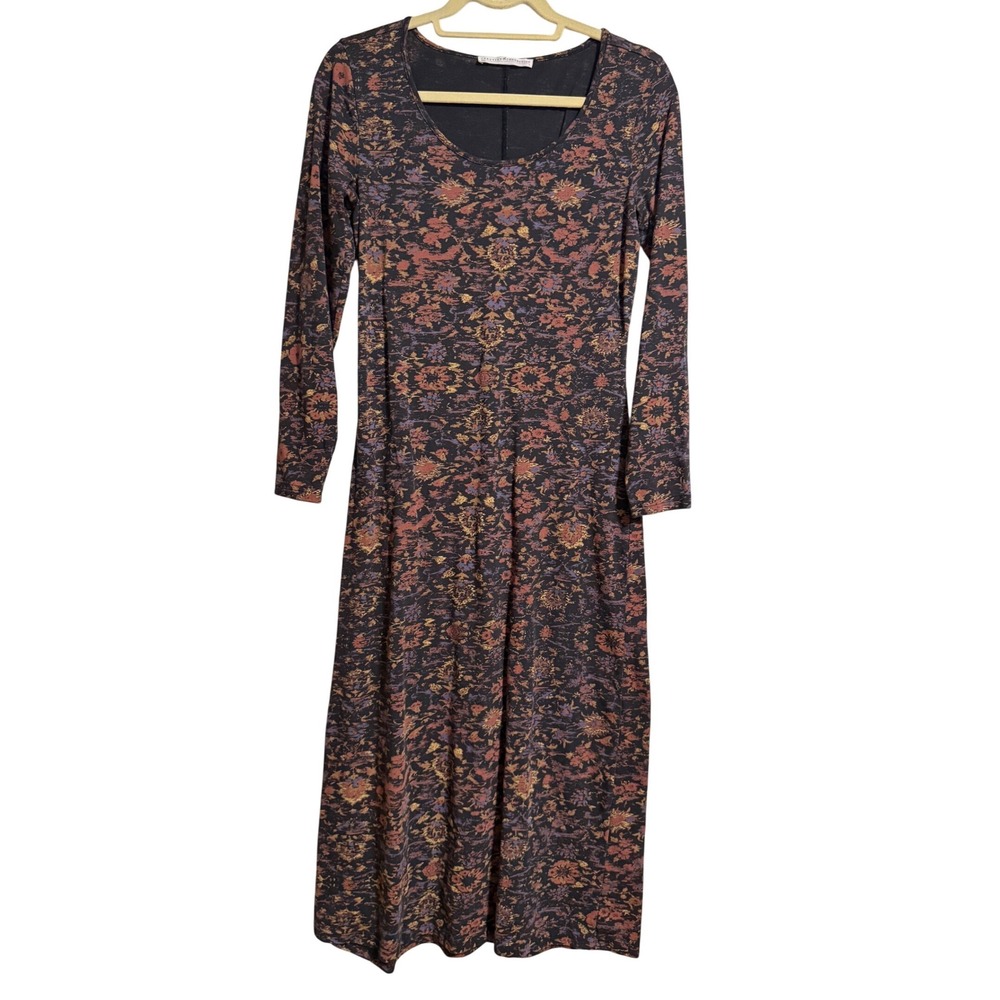 Peruvian Connection Women Black Floral Tapestry Cotton Lycra Midi Dress Long Slv
